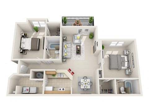 A 3D floor plan of a house with multiple rooms and furniture.